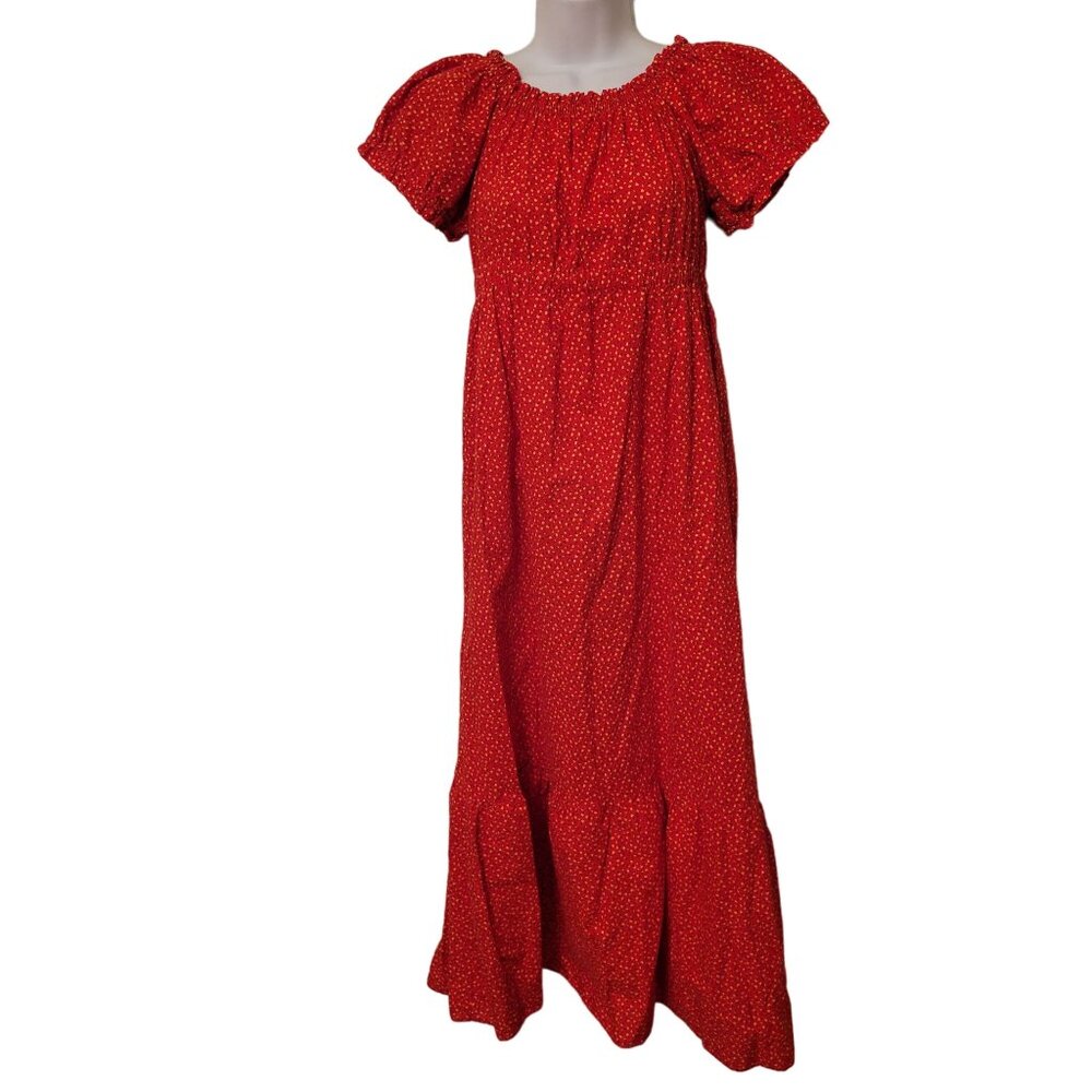 Vintage Red Calico Floral Puff Sleeve Maxi Dress Modest Prairie Western Cottagec
